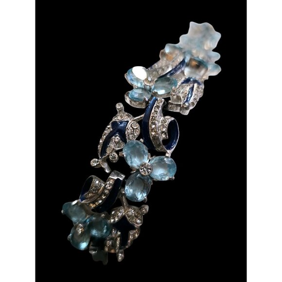 Vintage 1930s Rhodium-Plated Blue Enamel Trillium Bracelet Attributed to Mazer - Picture 5 of 13